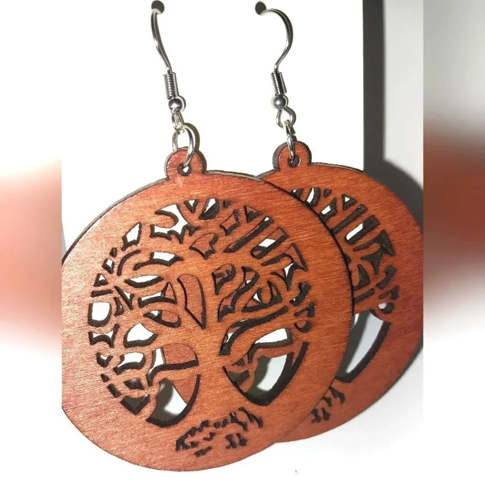 Brown Hollow Wooden tree Of Life Earrings